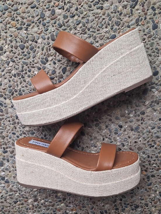 Steve Madden Shoes - Steve Madden Moveable Leather & Linen Wedge Platform Sandals Tan Size 6.5